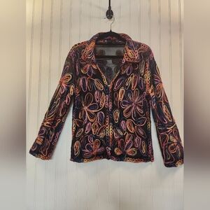 Casual Studio Women Colorful Floral Braid Looped Thread Sheer Blazer Size L Art